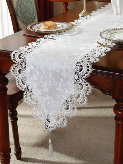 100% Polyester Jacquard Fabric Delicate Dual-Color Water-Soluble Embroidered Lace Table Runner, Home Decor, Family Gathering, Holiday Decoration, Indoor Outdoor, Party & Wedding Decorations, 1pc
