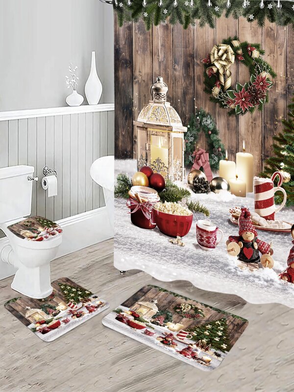 1pc Christmas Themed Digital Printed Shower Curtain Or Floor Mat With Patterns Of Christmas Tree, Santa Claus, Gifts, Reindeer, Snowman, Snowflake And Pine Forest Home Bathroom Decor Bath Rug Floor Carpet Outdoor Rug Door Mat Fall Decor Bathroom Accessories Back To School Entryway Decor
