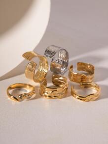 Uworld 1 Pc Of 18K Gold Stainless Steel Textured French Retro Diamond Pleated Open Rings For Daily Wear - Yellow Gold - View 6