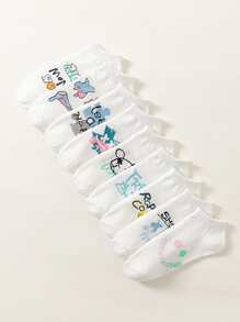 9 Pairs Women's Cartoon Pattern Printed Casual Cute Short Socks - Multicolor - View 1