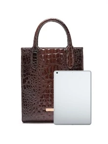 Ombre Crocodile Embossed Handbag, Solid Color Crocodile Pattern Classic Business Laptop Bag Women's Handbag - Brown - View 4