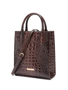 Ombre Crocodile Embossed Handbag, Solid Color Crocodile Pattern Classic Business Laptop Bag Women's Handbag - Brown - View 5