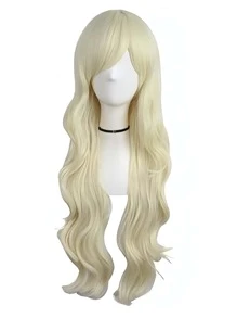 女性用金色長卷曲波浪合成髮套,帶瀏海,適用於女孩日常派對,化妝舞會和萬聖節合成髮套 - 金色 - 查看 1