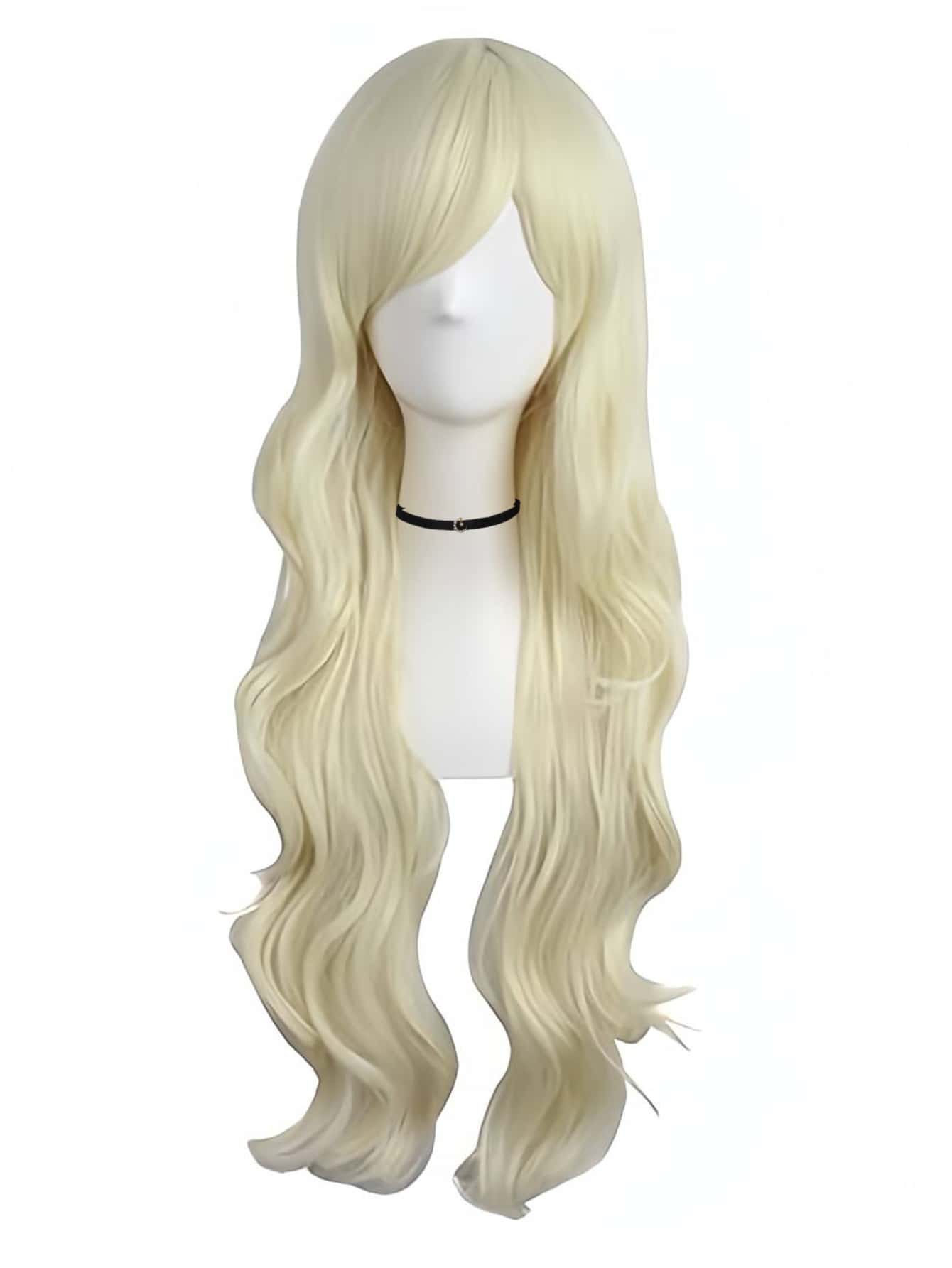 女性用金色長卷曲波浪合成髮套,帶瀏海,適用於女孩日常派對,化妝舞會和萬聖節合成髮套 - 金色 - 查看 1