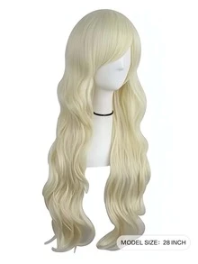 女性用金色長卷曲波浪合成髮套,帶瀏海,適用於女孩日常派對,化妝舞會和萬聖節合成髮套 - 金色 - 查看 3