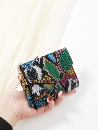 Snake Contrast Color Metal Heart & Tassel Decor Coin Pocket Small Bifold Women Wallet Mini Lightweight Minimalist Fashion Modern Business For AnniversaryFor Christmas On Valentine DayFor Birthday Gift For Gift For Couple For Girls For Lady For Female Bag School Supplies For School Dorm Room & Back To School For Women Wallet Purse Wallet Small Wallet