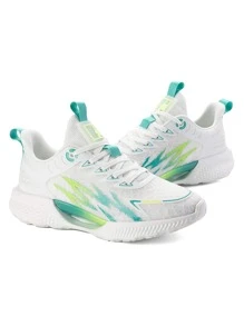 Men Lightweight Color Block Lace Up Running Shoes, Sporty Lycra Sneakers For Outdoor - White - View 2