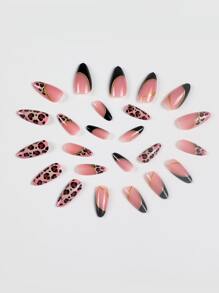 24隻實色豹紋金箔條紋杏仁形假指甲+1支果凍膠+1支指甲文件 - 彩色 - 查看 3