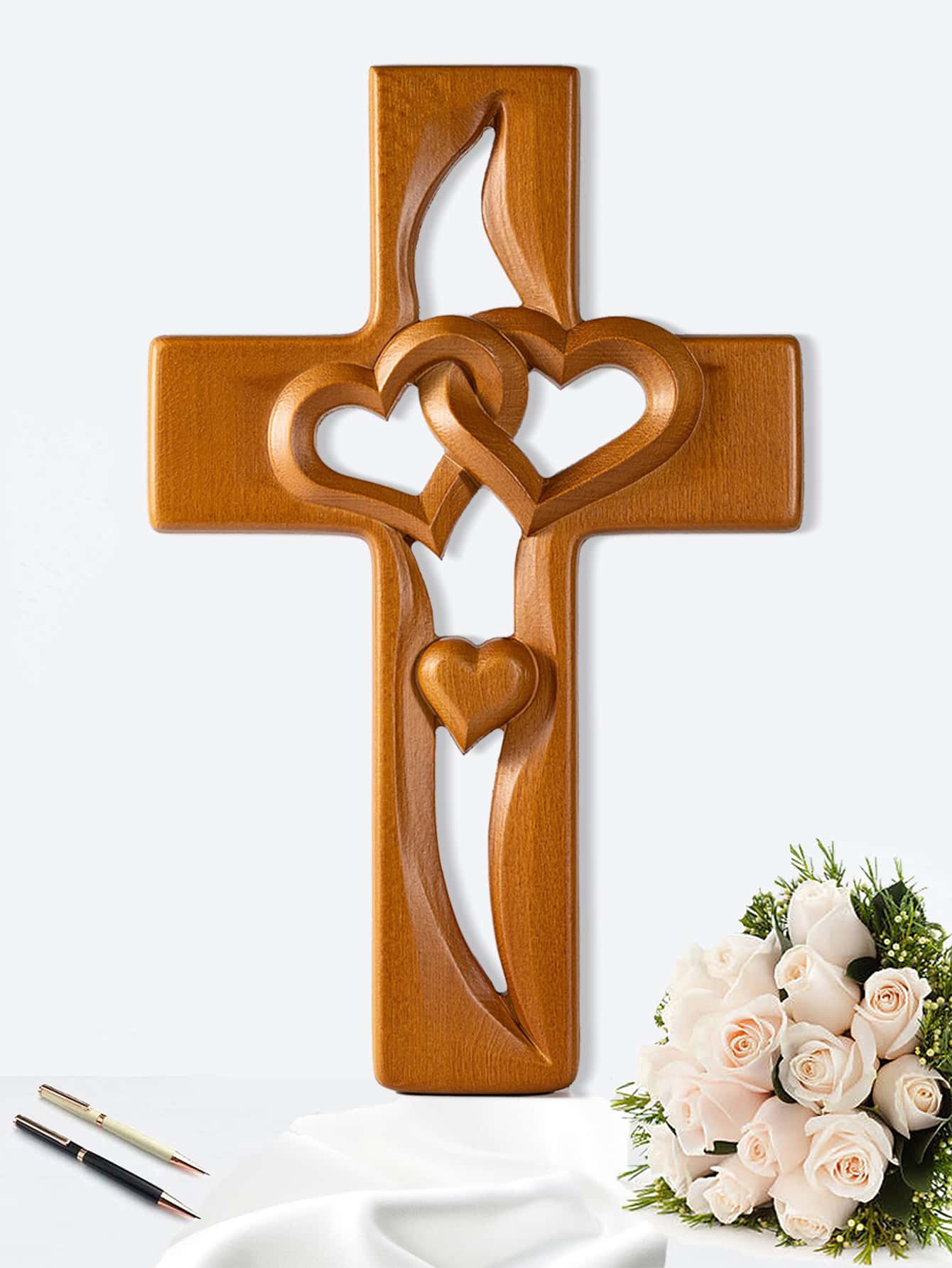 1入組交織心形木製十字架裝飾品禮物，壁掛式結婚禮物，情人節禮物，週年紀念禮物，婚禮十字架