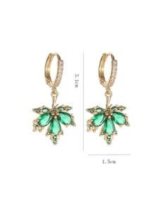1pair Copper Cubic Zirconia Inlaid Maple Leaf Dangle Earrings - Green - View 3