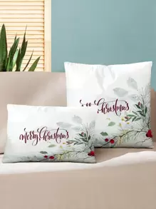 1入組漿果和松樹分支墜落雪花圖案圖案絲絨枕套,手掌繪畫水彩風格適用於日常家庭裝飾用品,聖誕環境或者枕套替代品 - 彩色 - 查看 1
