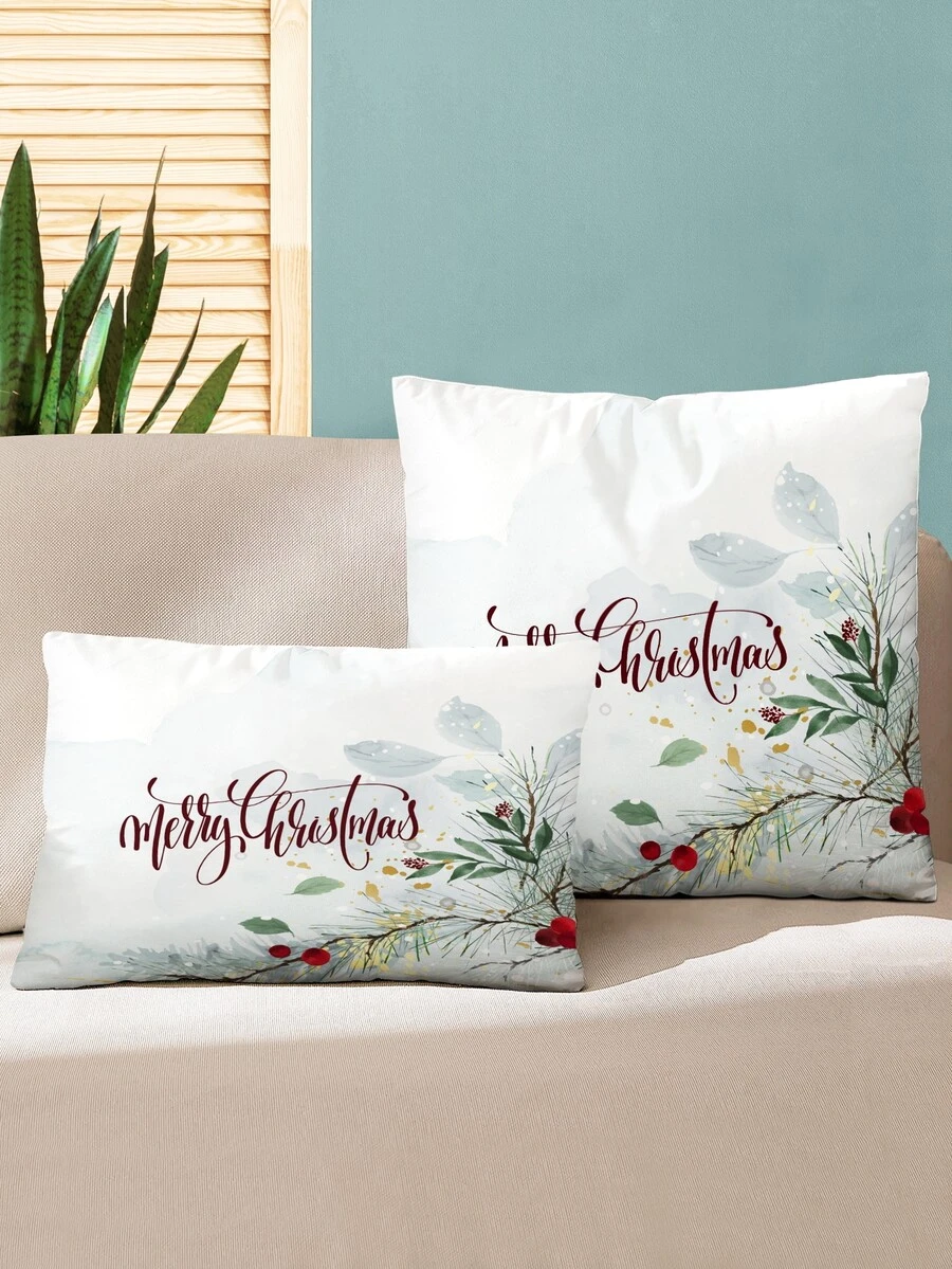 1入組漿果和松樹分支墜落雪花圖案圖案絲絨枕套,手掌繪畫水彩風格適用於日常家庭裝飾用品,聖誕環境或者枕套替代品 - 彩色 - 查看 1