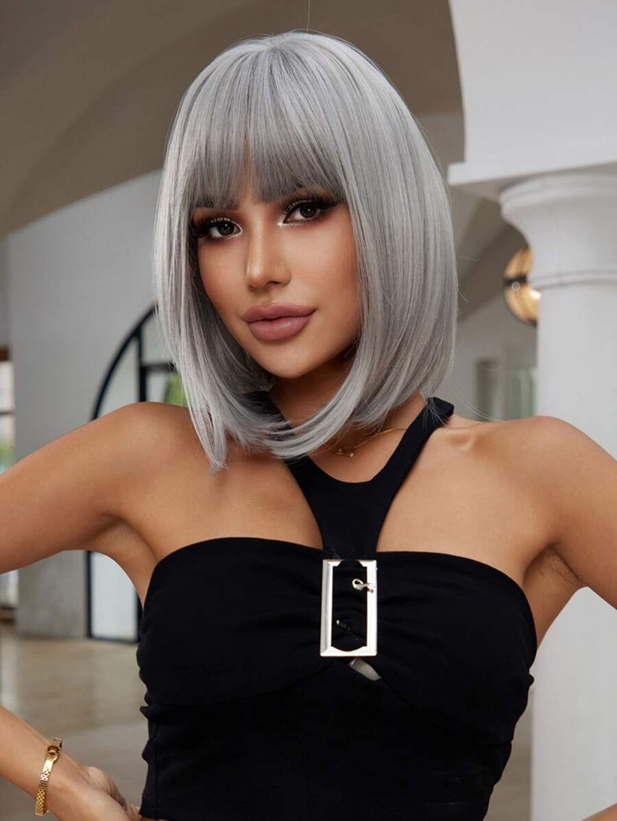 14英寸銀色短髮齊肩波波頭假髮,直髮帶瀏海,纖維合成頭髮更換假髮,適用於女性 - 銀色 - 查看 1