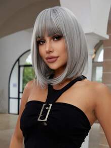 14英寸銀色短髮齊肩波波頭假髮,直髮帶瀏海,纖維合成頭髮更換假髮,適用於女性 - 銀色 - 查看 3