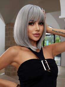 14英寸銀色短髮齊肩波波頭假髮,直髮帶瀏海,纖維合成頭髮更換假髮,適用於女性 - 銀色 - 查看 4