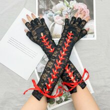 1雙女性黑色蕾絲手套帶紅色的緞帶,性感,觸摸屏,半指,合適的適合婚禮,禮儀,摩托車 - 紅色 - 查看 1