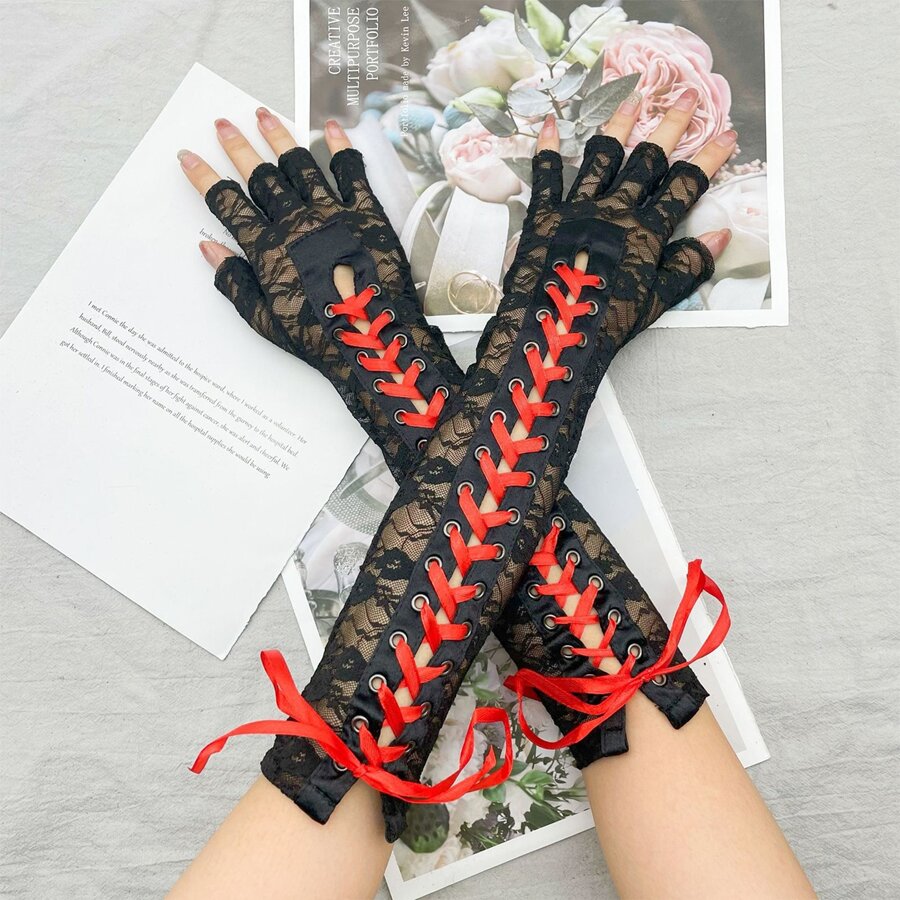 1雙女性黑色蕾絲手套帶紅色的緞帶,性感,觸摸屏,半指,合適的適合婚禮,禮儀,摩托車 - 紅色 - 查看 1