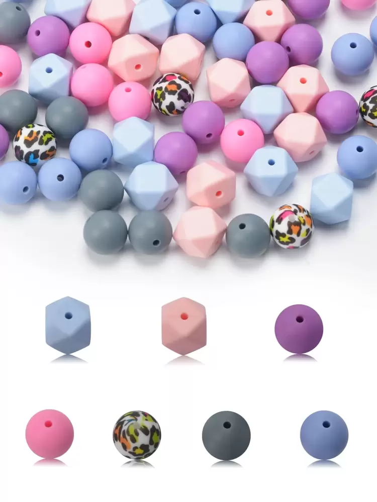65pcs/set 15mm Round Silicone Beads With Cow & Leopard Print Pattern, 14mm Hexagon Silicone Beads For Diy Necklace, Bracelet, Jewelry Making