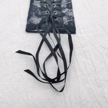 1對女式黑色蕾絲和黑色帶狀繫帶手套,性感,觸控螢幕兼容,半指手套,適合婚禮、禮儀和騎行 - 黑色 - 查看 4