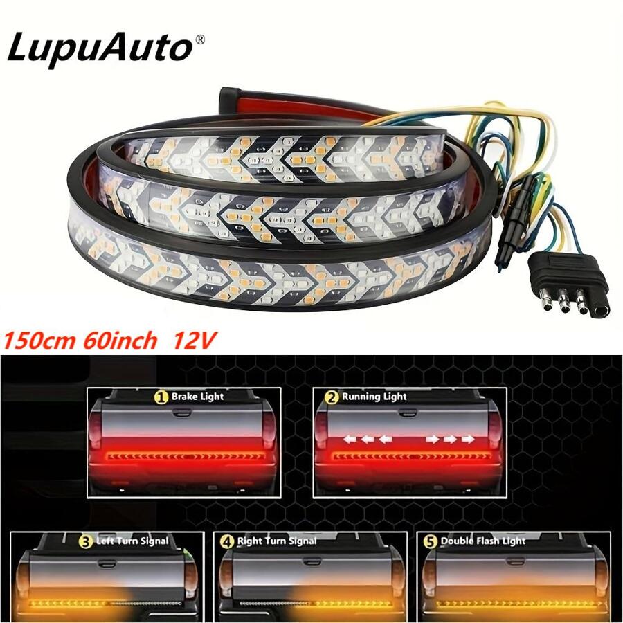 1pc 150cm/60inch Pickup Tailgate Led Strip Lights With Red/yellow Switchback Sequential Turn Signal Strob & Brake Light For Truck Pickup Trailer Suv Rv Van Car
