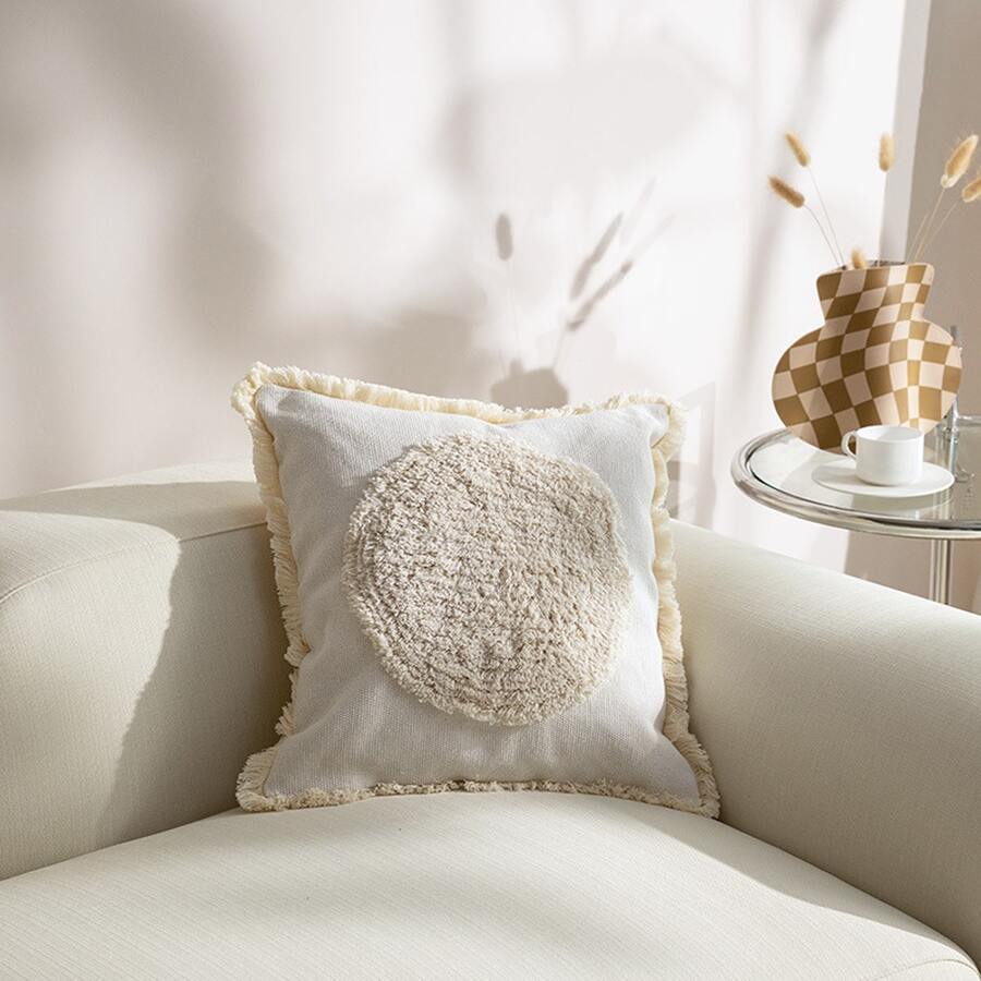 1個編織流蘇絲絨靠墊套,適用於辦公室沙發 - 白色 - 查看 1