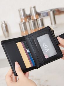 MIYIN 时尚简约 PU 皮革纯色鳄鱼压纹双折按扣女士钱包带卡槽带夹证件窗学生女孩旅行学校礼物礼物送给老师女士钱包钱包小钱包 - 黑色 - 查看 4