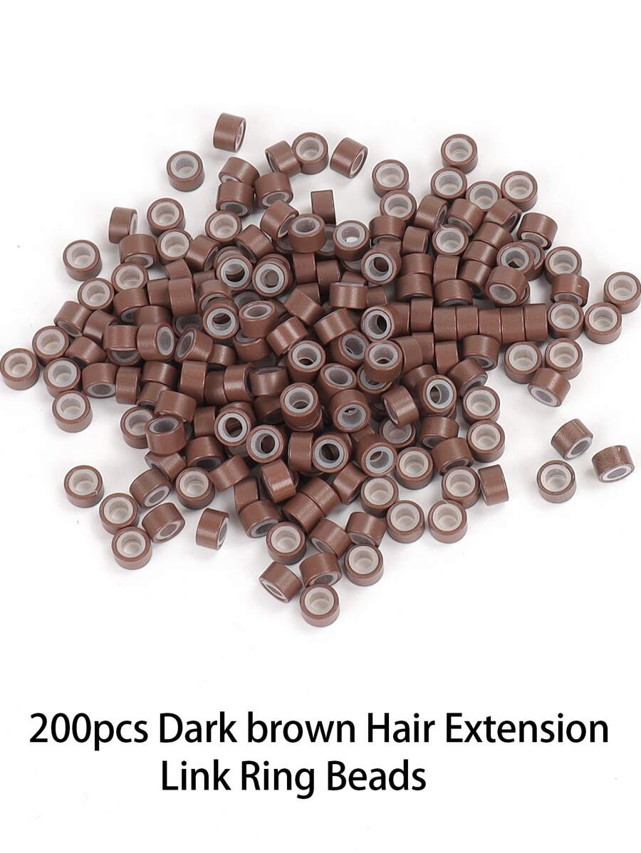 200pcs Brown Silicone Micro Rings & Laser Gold Threaded Loop Hair Extension Beads