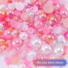30g 混合珍珠和水钻工艺品，3mm-10mm 平底水钻和平底珍珠玻璃杯美甲艺术，耀眼的半珍珠和果冻水钻 - 粉色 - 查看 2