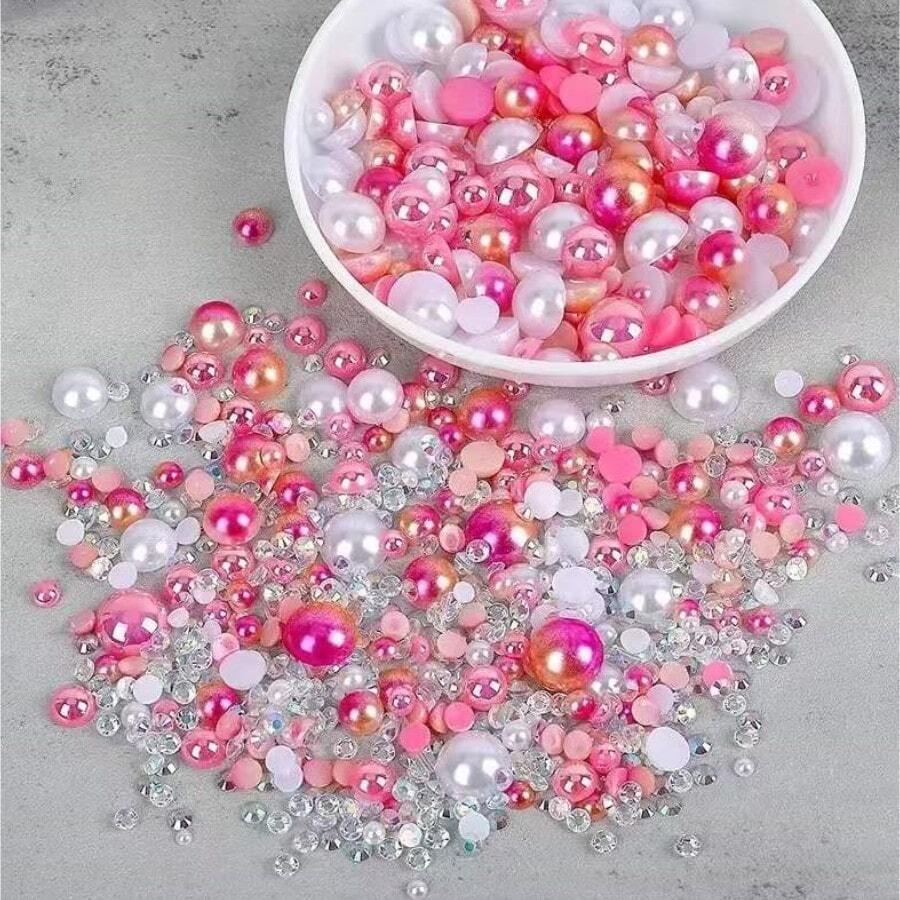 30g 混合珍珠和水钻工艺品，3mm-10mm 平底水钻和平底珍珠玻璃杯美甲艺术，耀眼的半珍珠和果冻水钻 - 粉色 - 查看 1