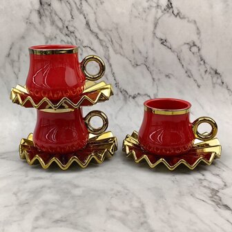 1 套用于饮用浓咖啡的杯碟套装，100 毫升/3.3 盎司陶瓷杯和扇形盘子，金色和红色镀层，回到学校