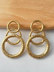 1pair European And American Retro Style Simple Three-ring Connected Circle Design Metallic Earrings For Women Daily Wear - Gold - View 1