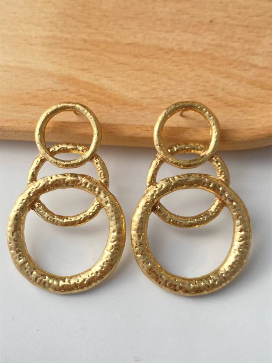1pair European And American Retro Style Simple Three-ring Connected Circle Design Metallic Earrings For Women Daily Wear - Gold - View 1