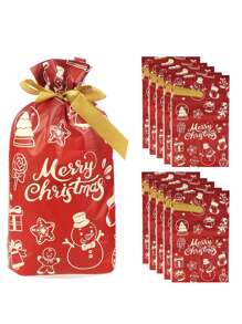 10 个/包 5.9*9.05 英寸圣诞派对礼品袋，带丝带抽绳封口，用于糖果饼干包装，圣诞节 - 彩色 - 查看 1