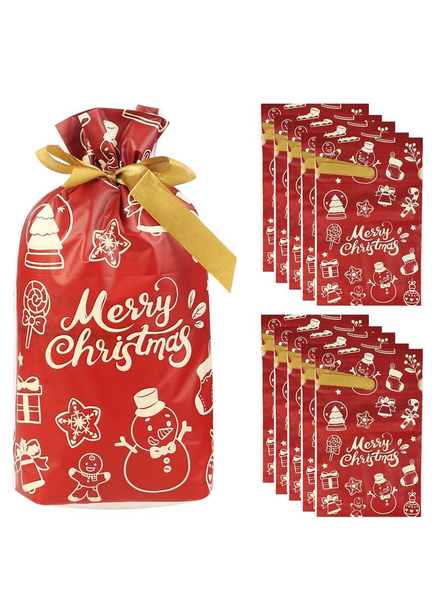10 个/包 5.9*9.05 英寸圣诞派对礼品袋，带丝带抽绳封口，用于糖果饼干包装，圣诞节 - 彩色 - 查看 1
