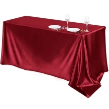1片緞面桌布 + 鮮明線條,適用於婚禮,宴會和派對裝飾 - 酒紅色 - 查看 2