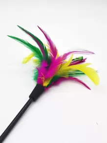 1入組多彩羽毛逗貓棒玩具,適用於貓咪室內外使用 - 彩色 - 查看 3