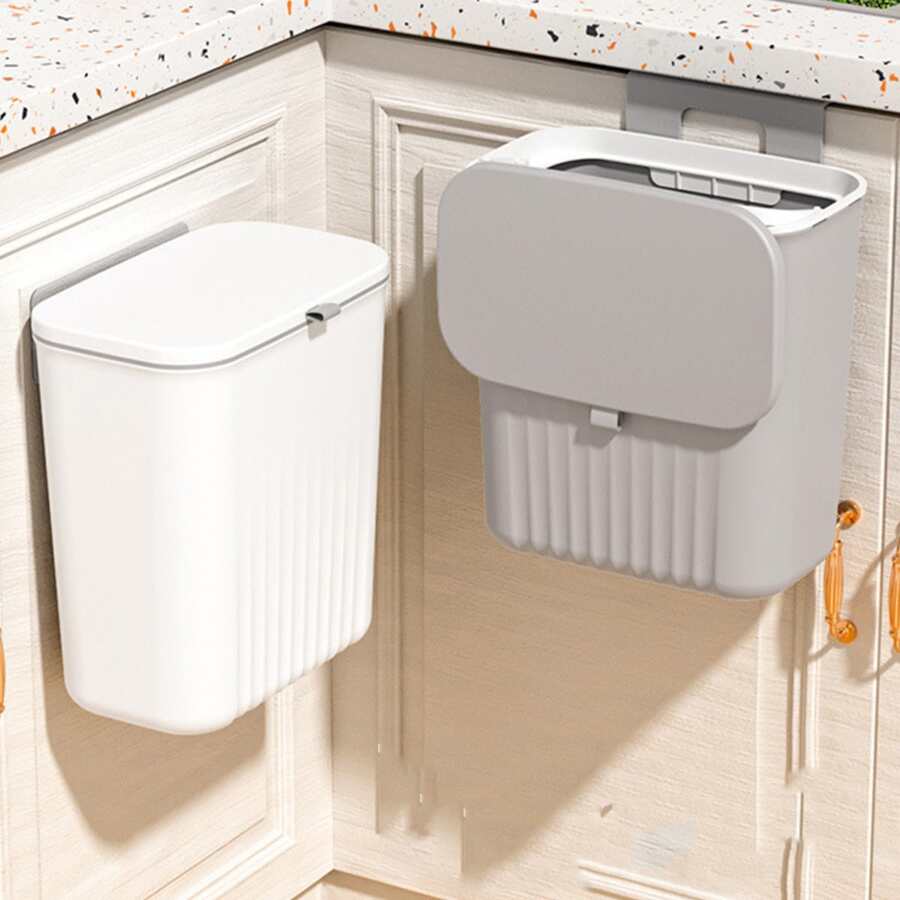 1pc Kitchen Wall-mounted Garbage Can With Sliding Lid, Large Caliber Fixed With Pressure Ring And Thickened Storage Bucket Without Drilling - White - View 1