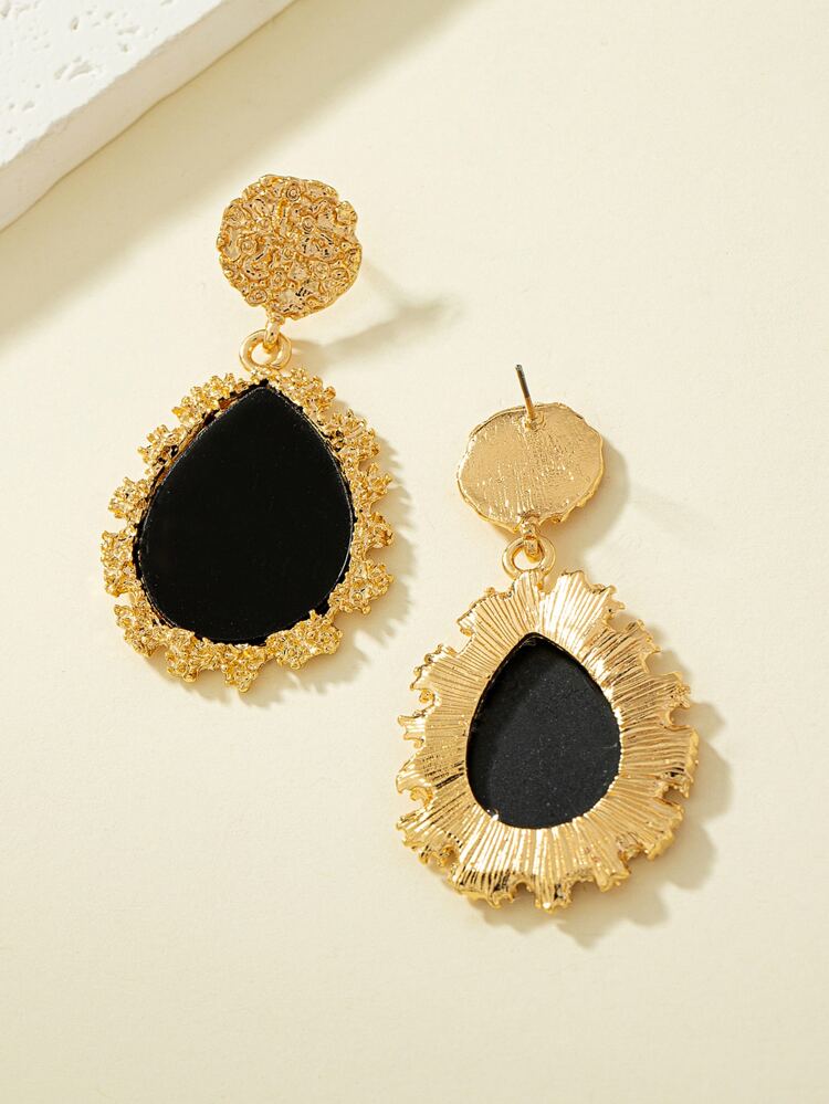 1pair Vintage Teardrop Shaped Black Obsidian-like Stone Dangle Earrings, Exquisite & Elegant For Women
