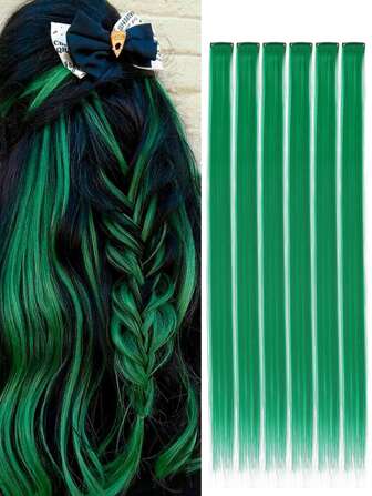 Extensiones de cabello sintético en clip en color rojo, verde, gris, azul, amarillo, naranja para mujeres. Extensiones de cabello tejido en clip para uso diario, fiesta de disfraces y regalo de Año Nuevo. Paquete de 6