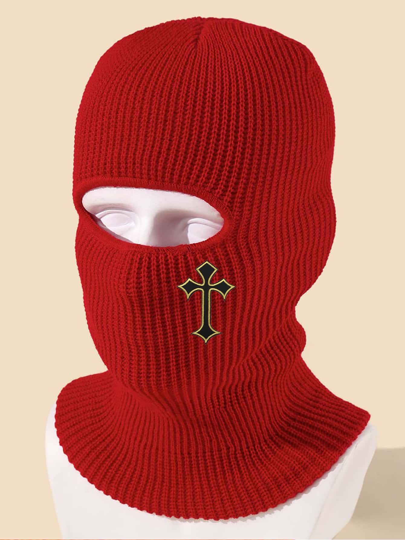 1pc Cross Knitted Ski Mask Full Face Cover Adult Winter Ski Balaclava for Outdoors - Red - View 1