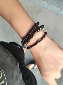 1set Versatile Multilayered Crystal Beaded Stretch Bracelet, Suitable For Vacation And Daily Wear - Coffee - View 4