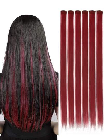 Synthetic Hair Extensions Clip Hair  Red Green Grey Blue Yellow Orange Colourful Women Clip Hair Woven Hair Clip Extensions For Daily Party Cosplay Use And New Year Gift Pack Of 6