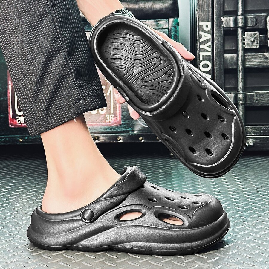 夏天男士鏤空駕駛鞋2023,厚下裝,防滑,耐磨,戶外涼鞋,時尚 - 黑色 - 查看 1