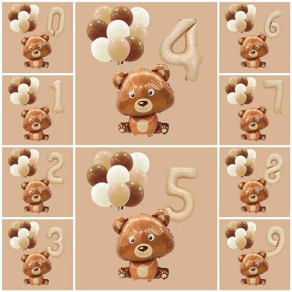 11pcs Cartoon Cute Bear Shaped Birthday Number Foil Balloons Set Party Decoration Balloons