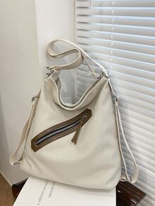 時尚休閒米色帆布女士斜背包 - 米色 - 查看 4