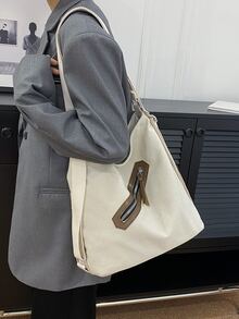 時尚休閒米色帆布女士斜背包 - 米色 - 查看 2