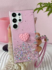 1入組粉色星空閃粉diy格子心形編結花魅力手機殼,女士適用,兼容iphone和android,具有tpu抗摔和凝膠材料 - 粉色 - 查看 7