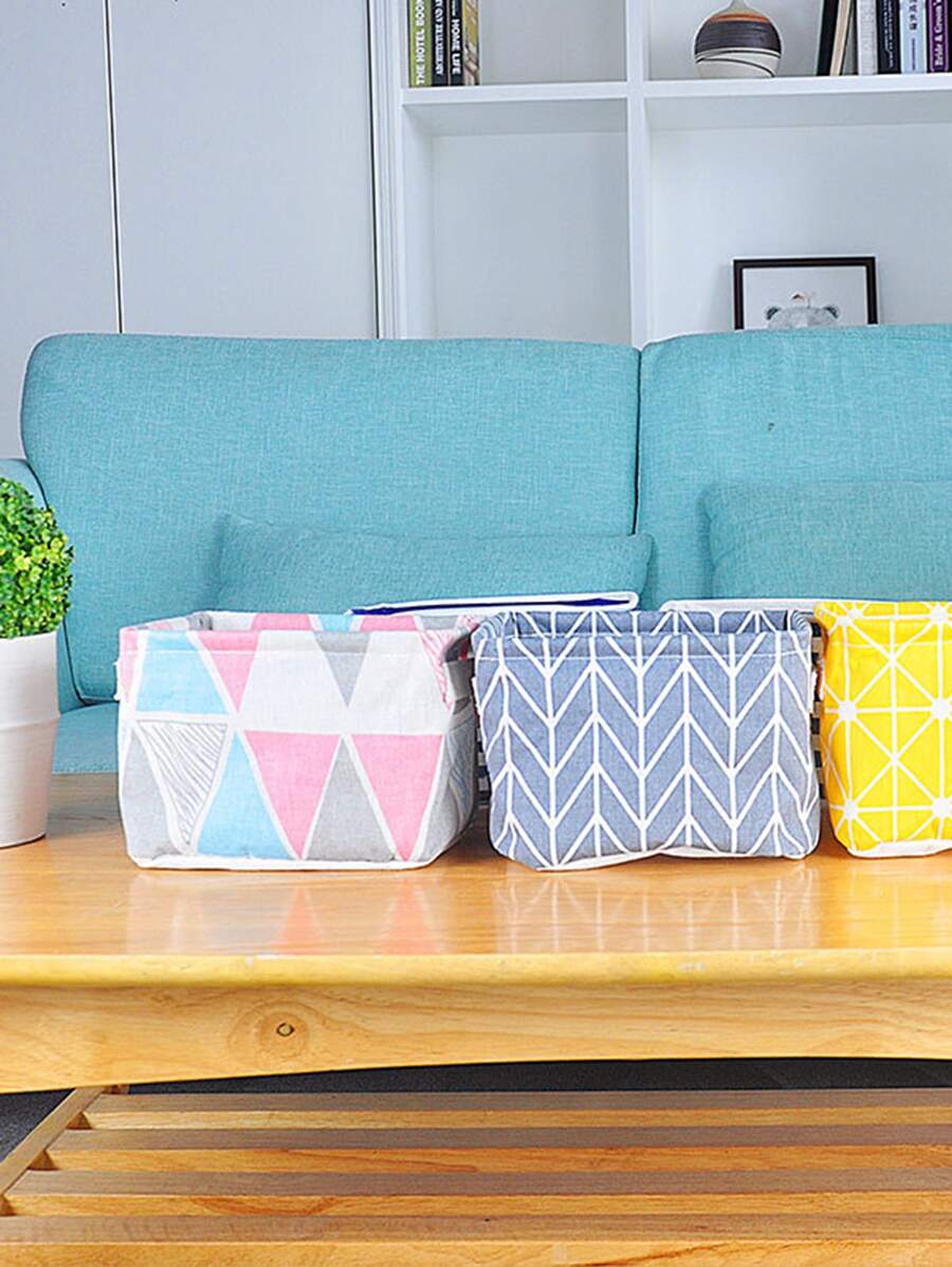 1pc Desktop Storage Basket Linen Fabric Printed Organizer Bin With