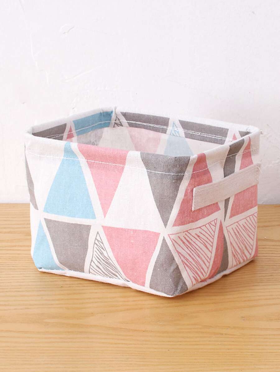 1pc Desktop Storage Basket Linen Fabric Printed Organizer Bin With