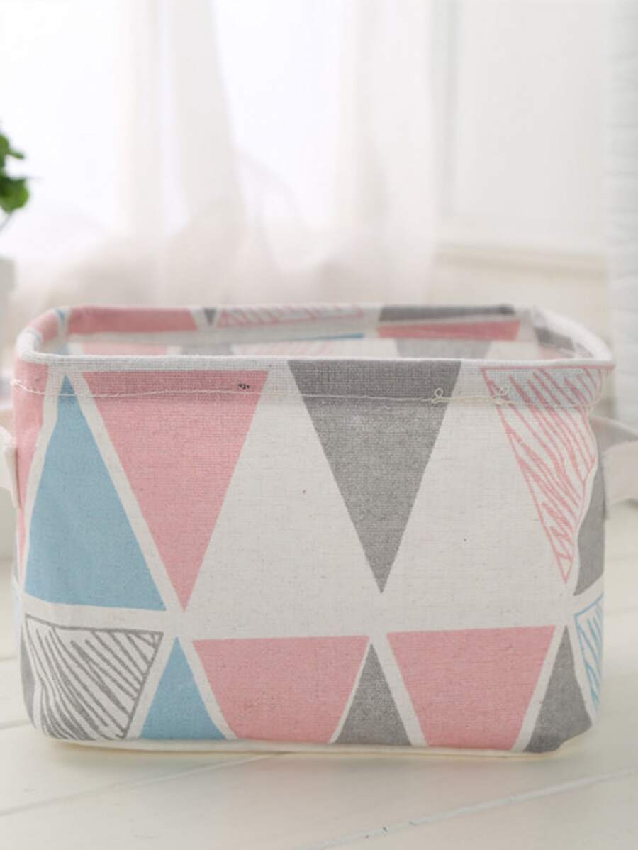 1pc Desktop Storage Basket Linen Fabric Printed Organizer Bin With